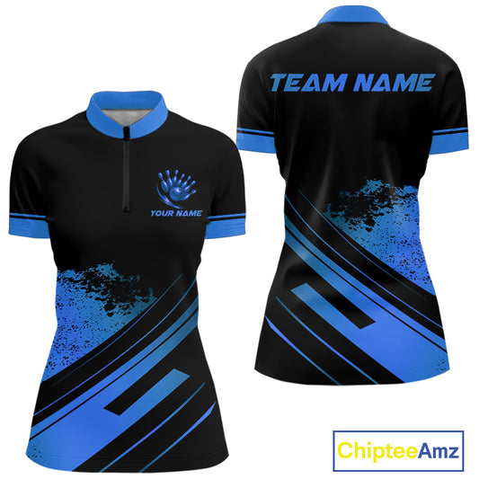 Custom Black And Blue Bowling Team Polo, Quarter-Zip Shirts For Women, Personalized Bowling Jerseys NQS10539