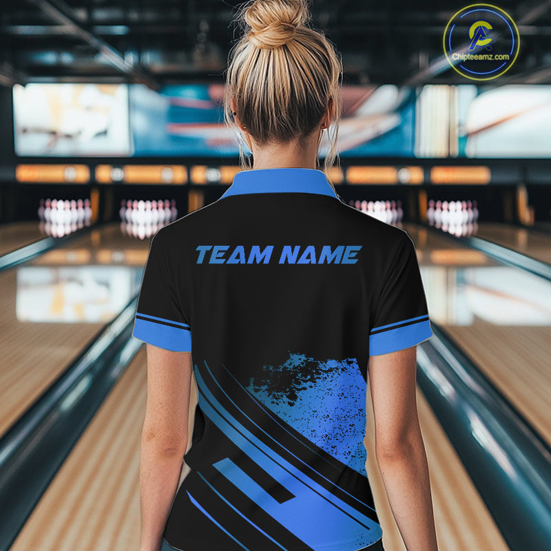 Custom Black And Blue Bowling Team Polo, Quarter-Zip Shirts For Women, Personalized Bowling Jerseys NQS10539