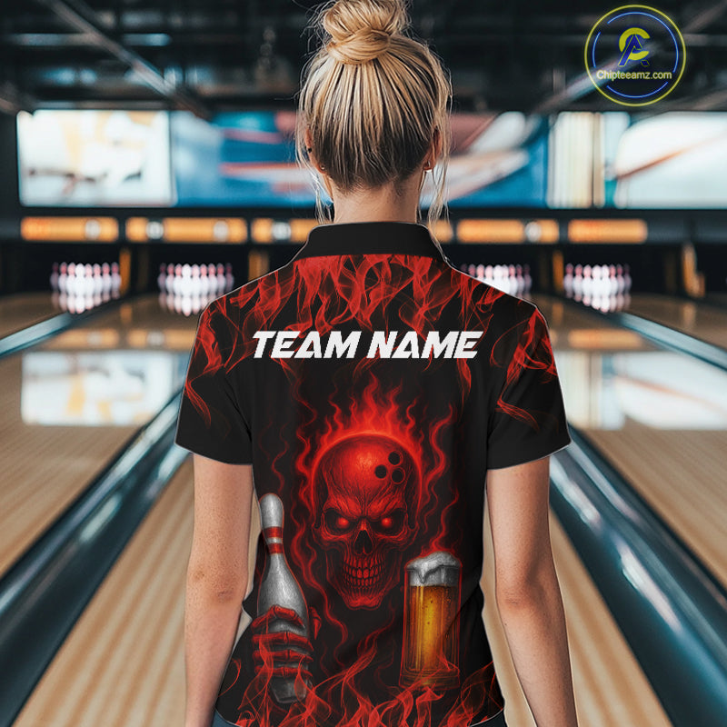 Red Skull and Beer Bowling shirts with flames Custom Bowling Polo, 1/4 Zip bowling outfits for Women NQS10955
