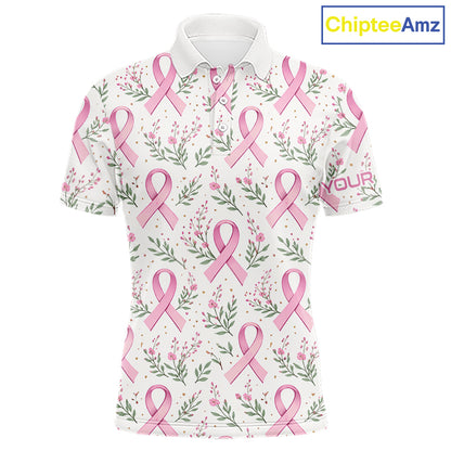 Pink ribbons floral pattern Breast Cancer golf polo shirts for men Custom team golf attire for men NQS11551