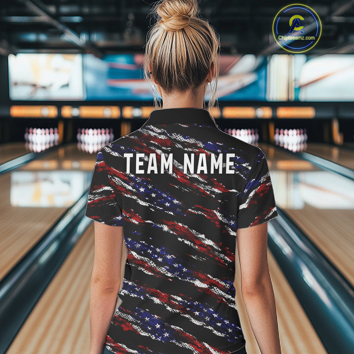 Black American Flag pattern bowling shirt for Women custom patriotic jersey team ladies bowling gifts NQS11552