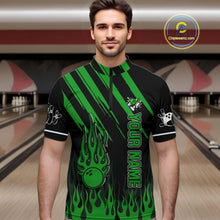 Load image into Gallery viewer, Black and Green Flame Retro Bowling Polo, 1/4 Zip Shirt for Men Custom Vintage Team Bowling Jersey NQS11677