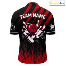 Load image into Gallery viewer, Black and Red Flame Retro Bowling Polo, 1/4 Zip Shirt for Men Custom Vintage Team Bowling Jersey NQS11678