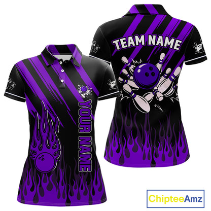 Black and Purple Flame Retro Bowling Polo, 1/4 Zip Shirt for Women Custom Vintage Team Bowling Jersey NQS11679