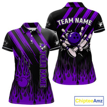 Load image into Gallery viewer, Black and Purple Flame Retro Bowling Polo, 1/4 Zip Shirt for Women Custom Vintage Team Bowling Jersey NQS11679
