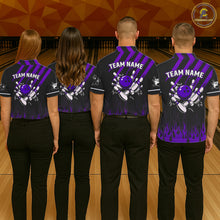 Load image into Gallery viewer, Black and Purple Flame Retro Bowling Polo, 1/4 Zip Shirt for Men Custom Vintage Team Bowling Jersey NQS11679