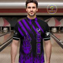 Load image into Gallery viewer, Black and Purple Flame Retro Bowling Polo, 1/4 Zip Shirt for Men Custom Vintage Team Bowling Jersey NQS11679
