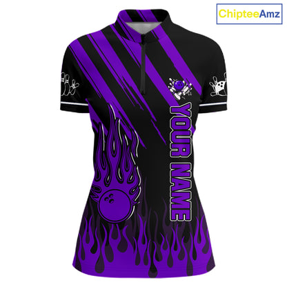 Black and Purple Flame Retro Bowling Polo, 1/4 Zip Shirt for Women Custom Vintage Team Bowling Jersey NQS11679
