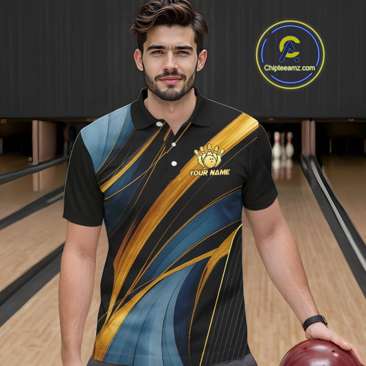 Blue and Gold Bowling ball Polo, Quarter Zip Shirts for Men Custom Bowling Outfit Team bowlers jersey NQS10032