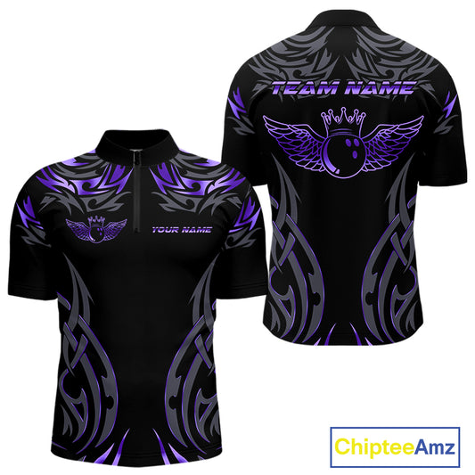 Personalized Black And Purple tribal pattern Bowling Shirts For Men, angel wings Bowling Team jerseys NQS10760