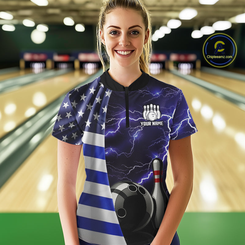 Blue Lightning Thunder American Flag Bowling Shirts For Women Custom patriotic team bowling jerseys NQS10960