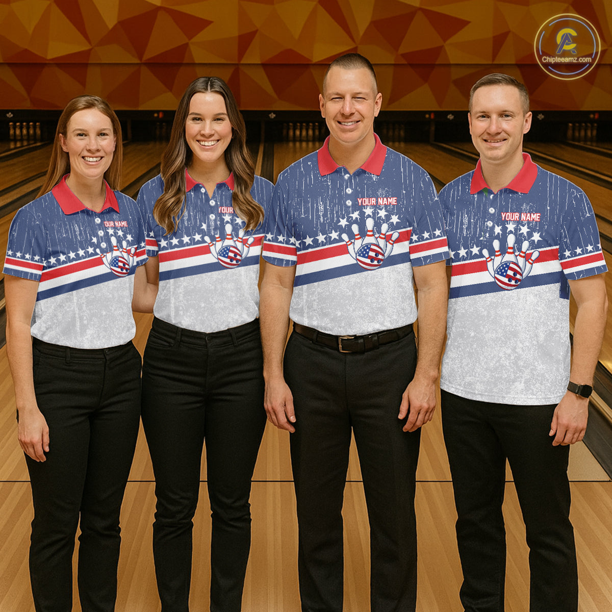 Red, White and Blue Grunge American Flag Bowling Shirts For Men Custom Patriotic Team Bowling jersey NQS11345