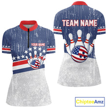 Load image into Gallery viewer, Red, White and Blue Grunge American Flag Bowling Shirt For Women Custom Patriotic Team Bowling jersey NQS11345