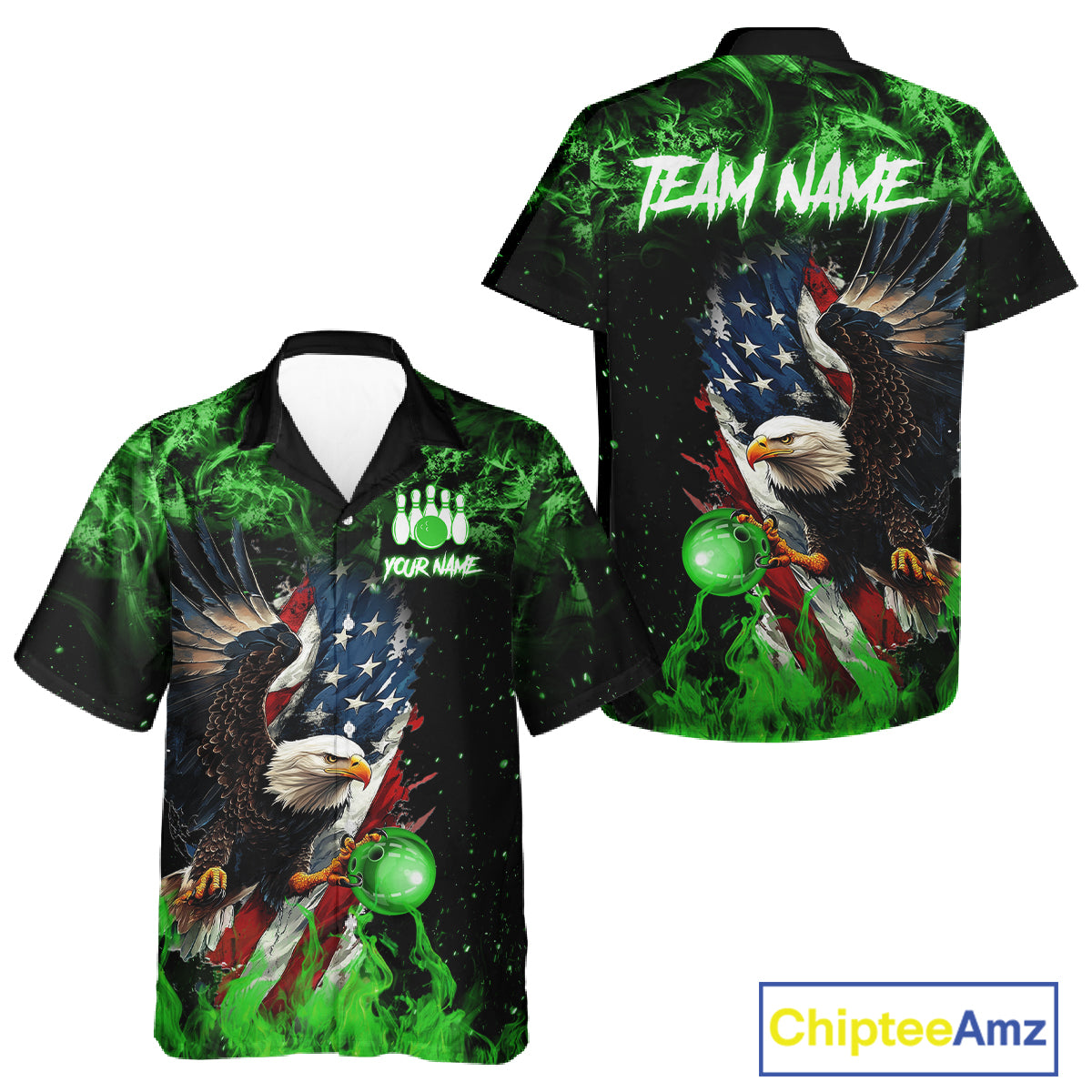 Green Flame American Flag Eagle Bowling Hawaiian shirt Custom Bowling Team button-up shirts NQS11555