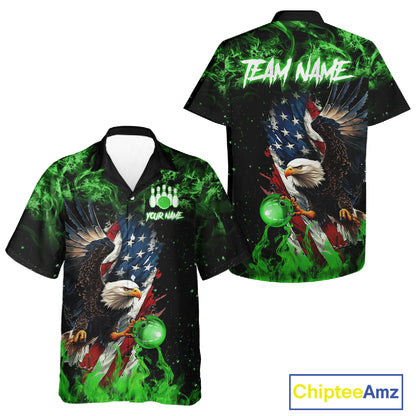 Green Flame American Flag Eagle Bowling Hawaiian shirt Custom Bowling Team button-up shirts NQS11555