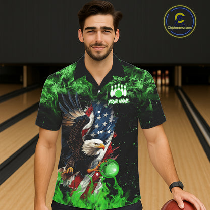Green Flame American Flag Eagle Bowling Hawaiian shirt Custom Bowling Team button-up shirts NQS11555