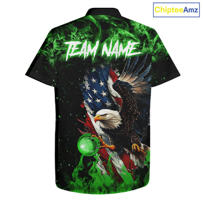 Green Flame American Flag Eagle Bowling Hawaiian shirt Custom Bowling Team button-up shirts NQS11555