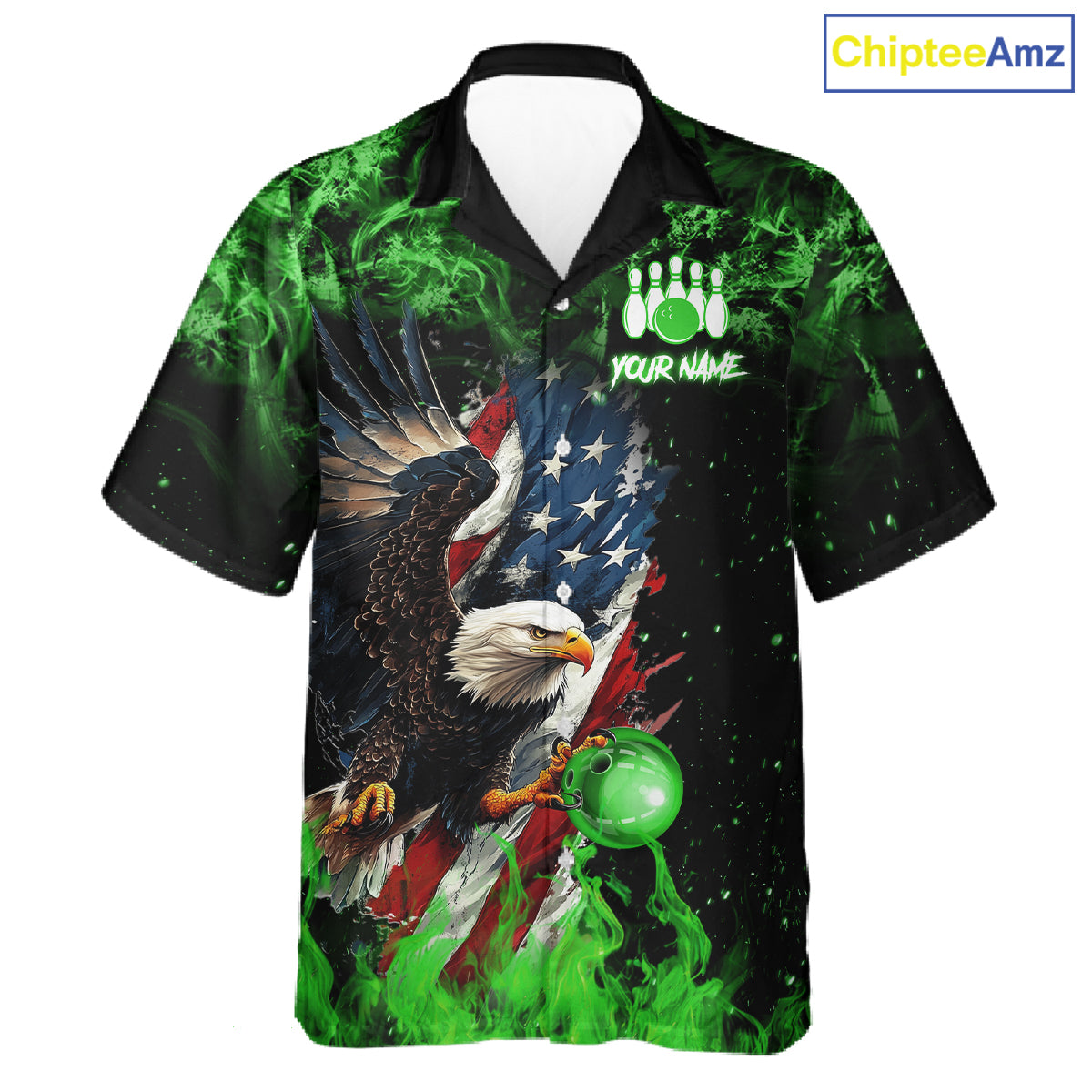 Green Flame American Flag Eagle Bowling Hawaiian shirt Custom Bowling Team button-up shirts NQS11555