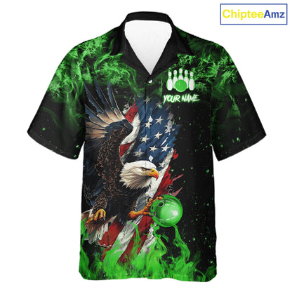 Green Flame American Flag Eagle Bowling Hawaiian shirt Custom Bowling Team button-up shirts NQS11555