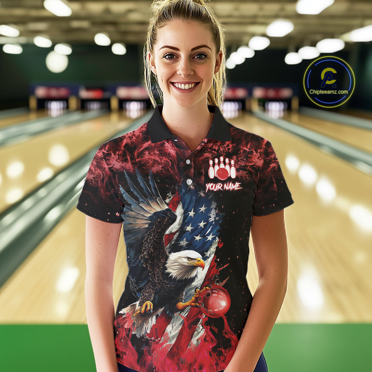 Red Flame American Flag Eagle bowling shirts for Women Custom Bowling Team Jersey, gift for Bowler NQS11556