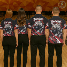 Load image into Gallery viewer, Black and Red Lightning Thunder Tiger Bowling Polo, 1/4 Zip Jersey for Women, Bowling Team shirts NQS11571