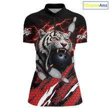 Load image into Gallery viewer, Black and Red Lightning Thunder Tiger Bowling Polo, 1/4 Zip Jersey for Women, Bowling Team shirts NQS11571
