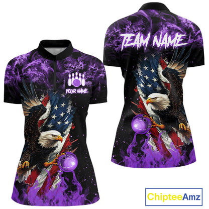 Purple Flame American Flag Eagle bowling shirts for Women Custom Bowling Team Jersey, gift for Bowler NQS11557