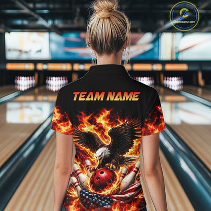 Custom Flame American Flag Eagle Bowling Shirts, Patriotic Eagle Bowling Team Jerseys For Women NQS11560