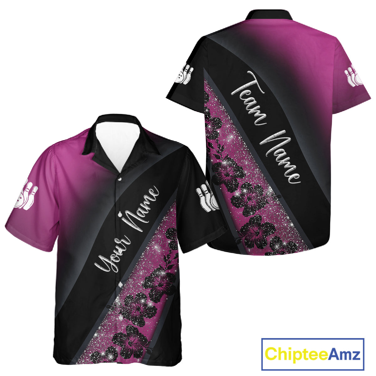 Black and Pink Glitter Flower Bowling Hawaiian shirt Custom Bowling Team Jerseys NQS11685