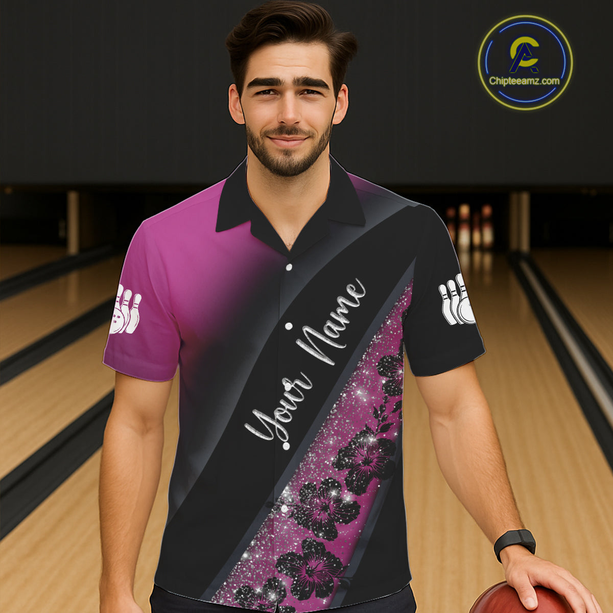 Black and Pink Glitter Flower Bowling Hawaiian shirt Custom Bowling Team Jerseys NQS11685