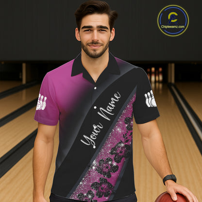 Black and Pink Glitter Flower Bowling Hawaiian shirt Custom Bowling Team Jerseys NQS11685