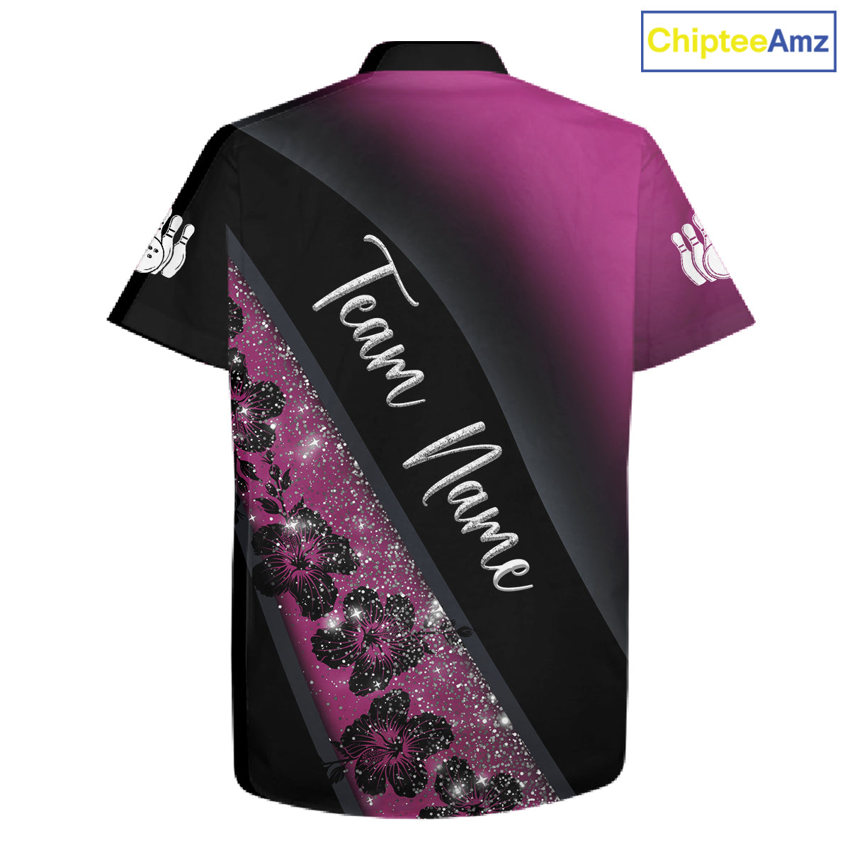 Black and Pink Glitter Flower Bowling Hawaiian shirt Custom Bowling Team Jerseys NQS11685