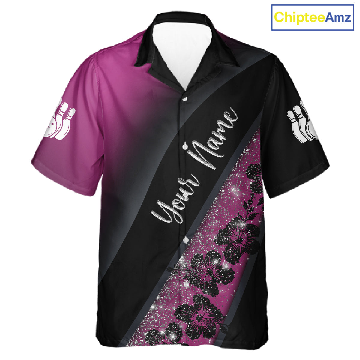 Black and Pink Glitter Flower Bowling Hawaiian shirt Custom Bowling Team Jerseys NQS11685