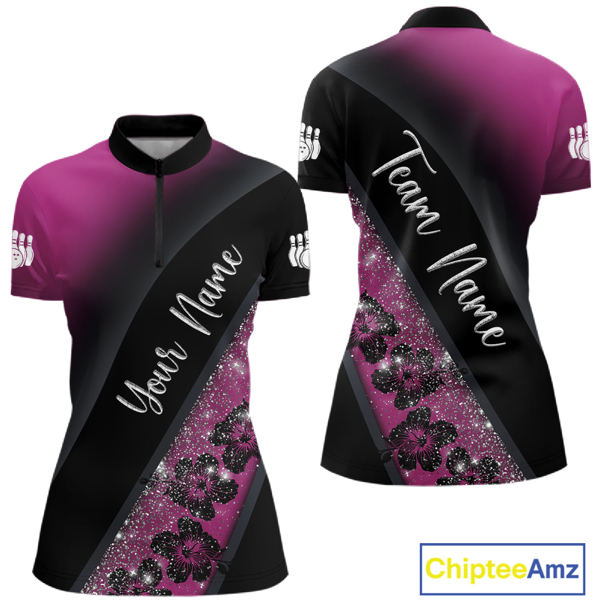 Black and Pink Glitter Flower Bowling Polo, Quarter Zip Shirt for Women Custom Bowling Team Jerseys NQS11685