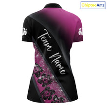 Load image into Gallery viewer, Black and Pink Glitter Flower Bowling Polo, Quarter Zip Shirt for Women Custom Bowling Team Jerseys NQS11685