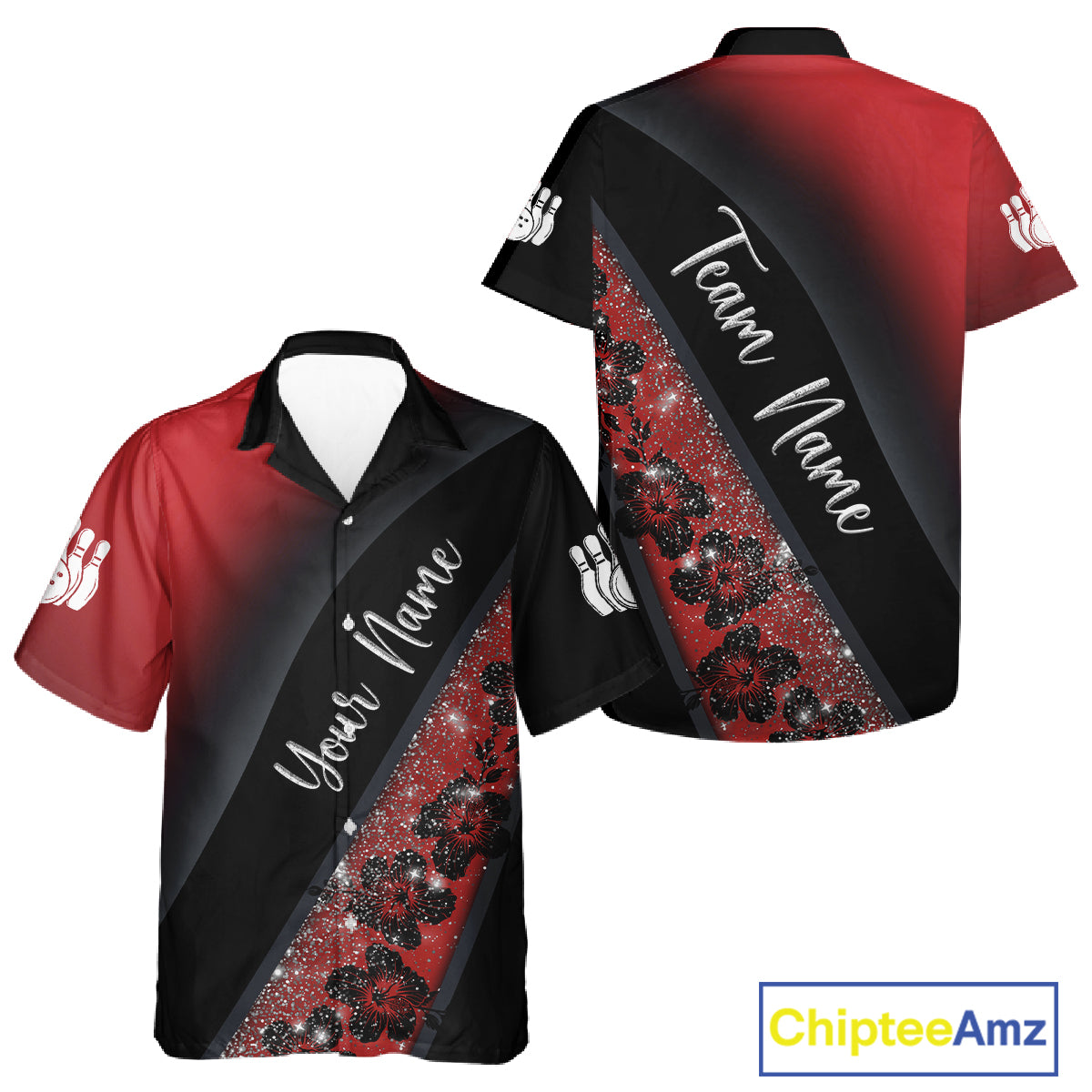 Black and Red Glitter Flower Bowling Hawaiian shirt Custom Bowling Team Jerseys NQS11686