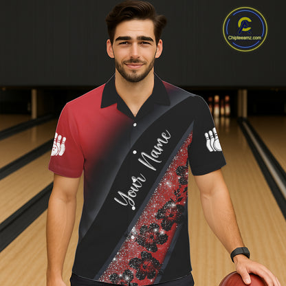 Black and Red Glitter Flower Bowling Hawaiian shirt Custom Bowling Team Jerseys NQS11686