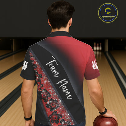 Black and Red Glitter Flower Bowling Hawaiian shirt Custom Bowling Team Jerseys NQS11686