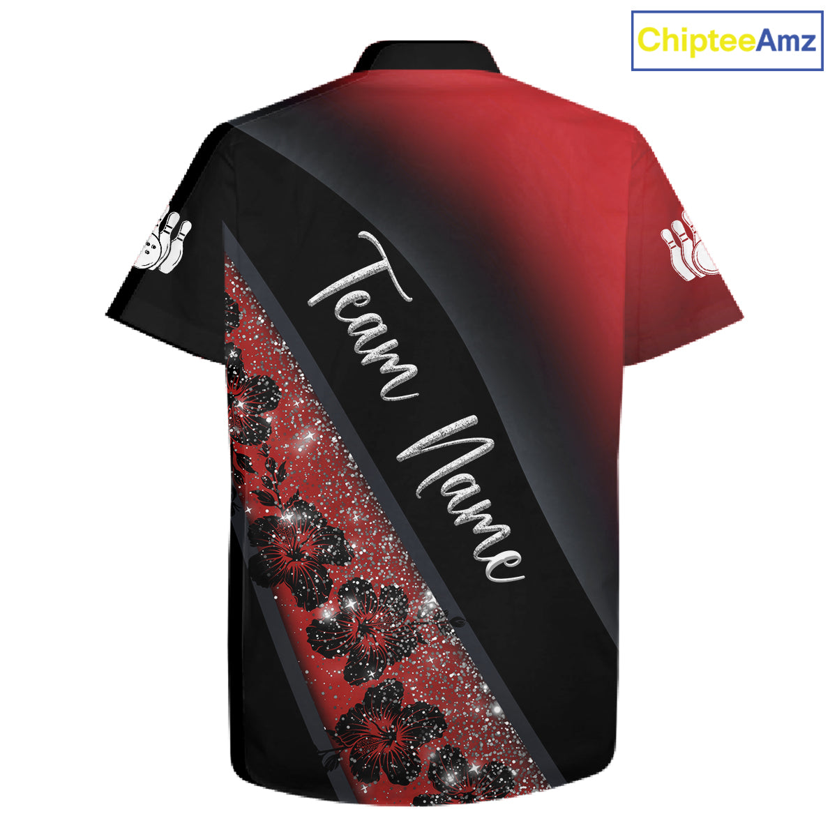 Black and Red Glitter Flower Bowling Hawaiian shirt Custom Bowling Team Jerseys NQS11686