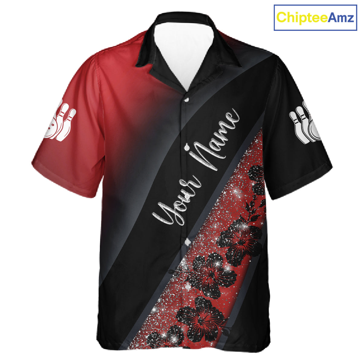 Black and Red Glitter Flower Bowling Hawaiian shirt Custom Bowling Team Jerseys NQS11686