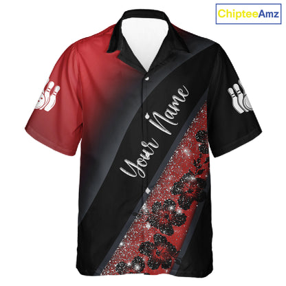 Black and Red Glitter Flower Bowling Hawaiian shirt Custom Bowling Team Jerseys NQS11686