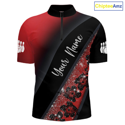 Black and Red Glitter Flower Bowling Polo, Quarter Zip Shirt for Men Custom Bowling Team Jerseys NQS11686