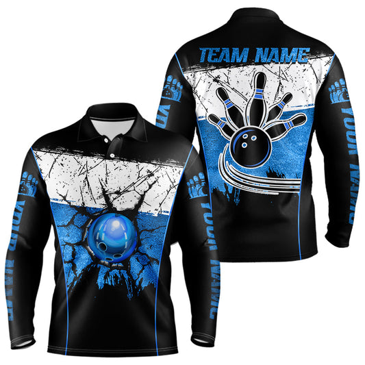 Black, White and Blue Retro broken Bowling ball Polo, 1/4 Zip Shirt For Men Custom Bowling Team Shirts NQS9789