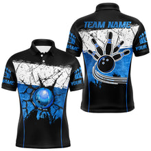 Load image into Gallery viewer, Black, White and Blue Retro broken Bowling ball Polo, 1/4 Zip Shirt For Men Custom Bowling Team Shirts NQS9789