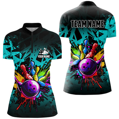 Colorful bowling jersey Polo, 1/4 Zip Shirt for Women Custom Bowling Team shirts for bowler| Cyan Blue NQS7707