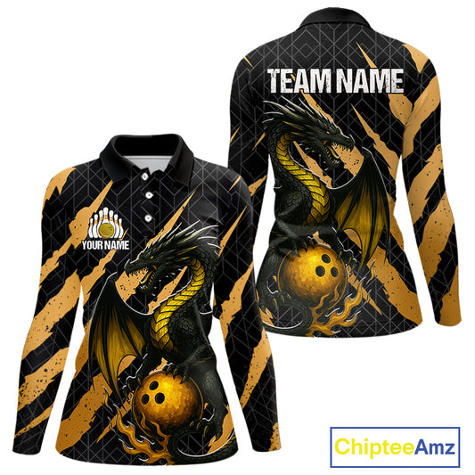 Black and Gold Dragon Bowling Polo, Quarter Zip Shirts for Women Custom Bowling Outfit Team jersey NQS10037