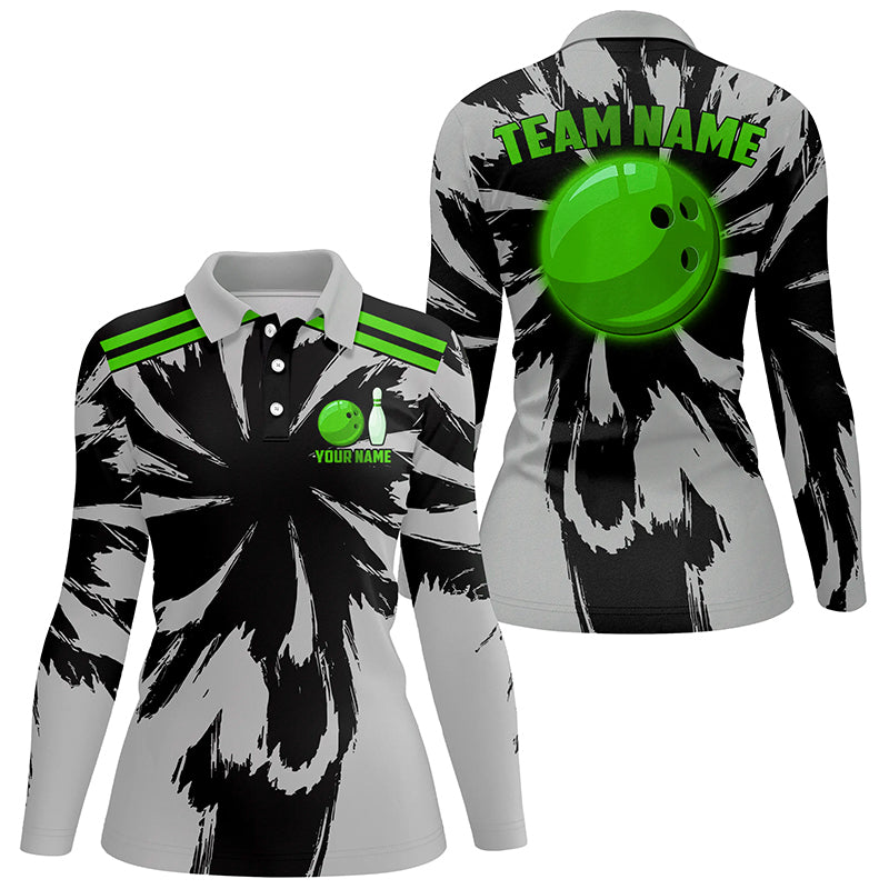 Black and Gray bowling Polo, Quarter Zip Shirt for Women Custom Green bowling ball Team Bowling jersey NQS8145
