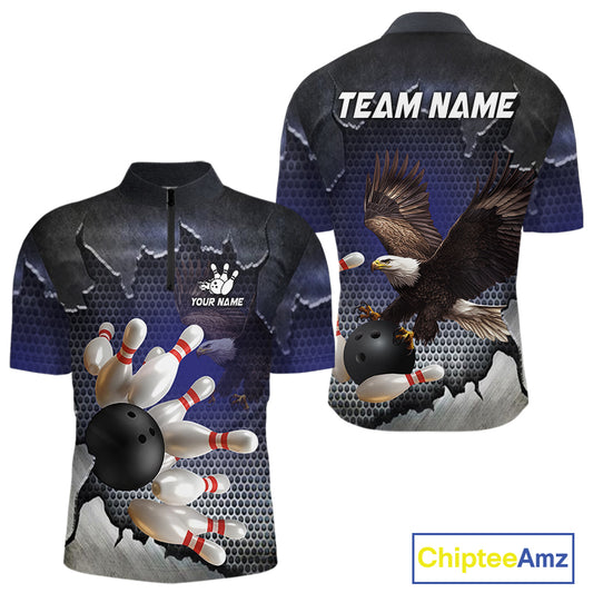 Eagle Bowling Polo, Quarter Zip Shirts for Men Custom Team Bowling jerseys, gift for bowlers | Blue NQS10972
