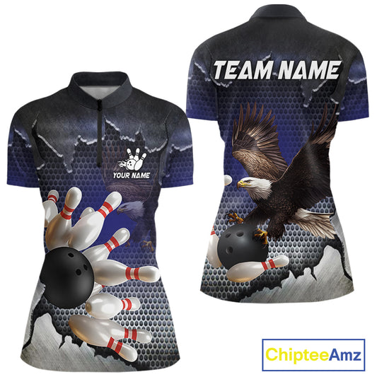 Eagle Bowling Polo, Quarter Zip Shirts for Women Custom Team Bowling jerseys, gift for bowlers | Blue NQS10972