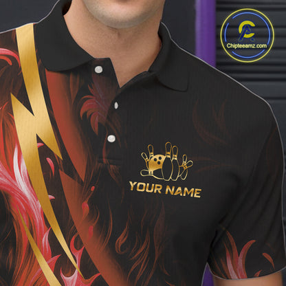 Personalized Bowling Polo, Quarter Zip Shirts for Men Custom Red Flame and Gold Bowling Team Jersey NQS11146